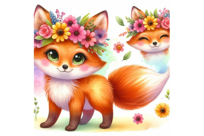 4-a-cute-orange-fox-with-flowers-on-his-head-standingcolorful-backgro