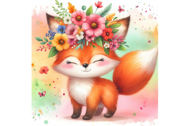 4-a-cute-orange-fox-with-flowers-on-his-head-standingcolorful-backgro