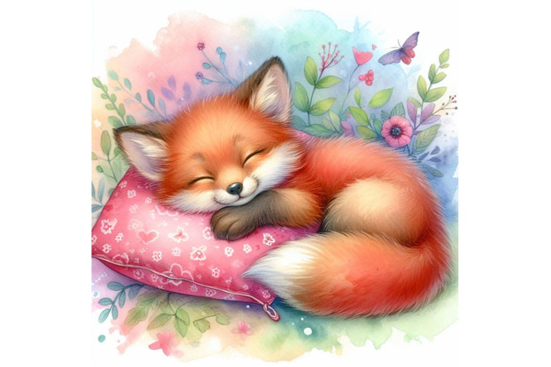 4-a-cute-sleeping-red-fox-cub-with-a-pillow-colorful-background