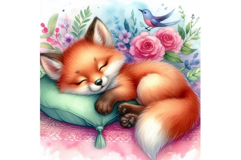 4-a-cute-sleeping-red-fox-cub-with-a-pillow-colorful-background