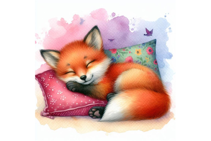 4-a-cute-sleeping-red-fox-cub-with-a-pillow-colorful-background