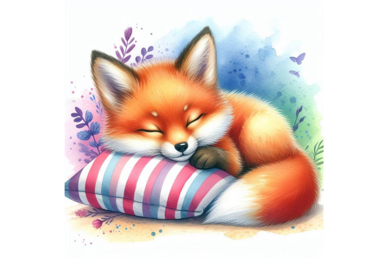 4-a-cute-sleeping-red-fox-cub-with-a-pillow-colorful-background