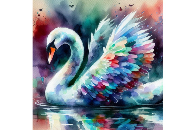 4-abstract-swan-art-iridescent-plumage-bird-in-a-pond-colorful-backgr