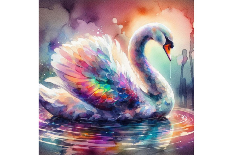 4-abstract-swan-art-iridescent-plumage-bird-in-a-pond-colorful-backgr