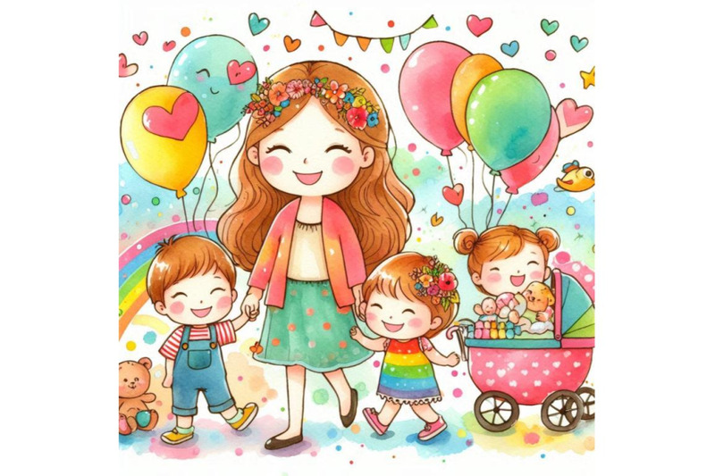 4-appy-cute-kids-and-mom-colorful-background