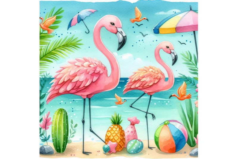 4-cartoon-flat-cute-flamingo-birds-summer-art-print-colorful-backgroun