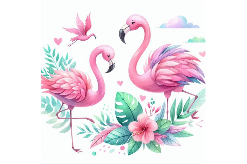 4-cartoon-flat-cute-flamingo-birds-summer-art-print-colorful-backgroun