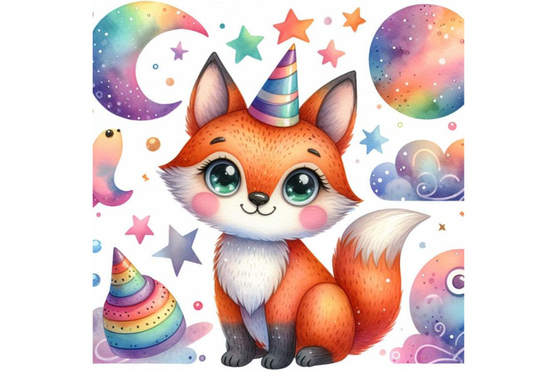 4-cute-watercolor-cartoon-fox-colorful-background