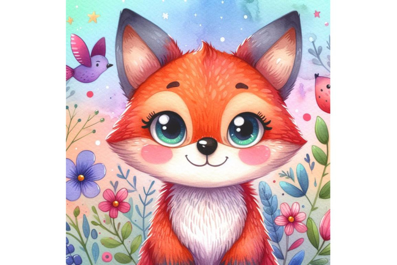 4-cute-watercolor-cartoon-fox-colorful-background