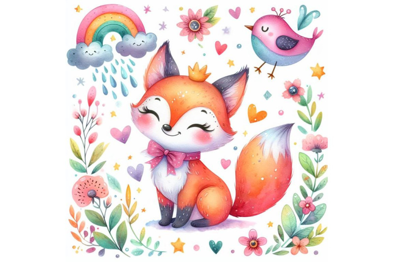 4-cute-watercolor-cartoon-foxcolorful-background