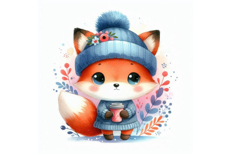 4-hand-drawn-cute-little-fox-in-blue-hat-cartoon-stylecolorful-backgro