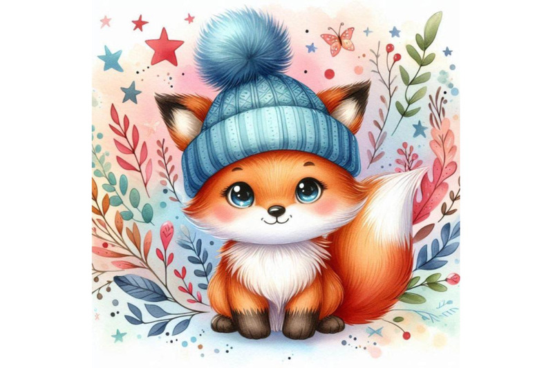 4-hand-drawn-cute-little-fox-in-blue-hat-cartoon-stylecolorful-backgro