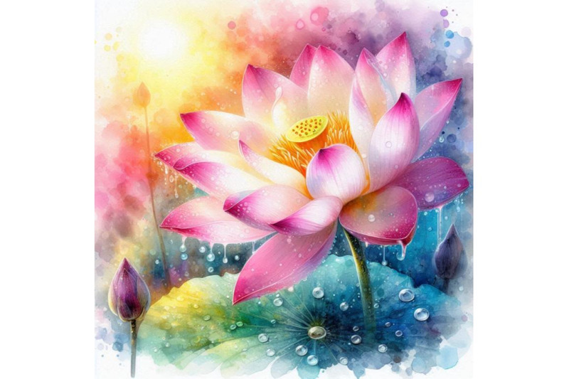 4-igital-art-of-a-beautiful-lotus-flower-with-waterdropscolorful-backg