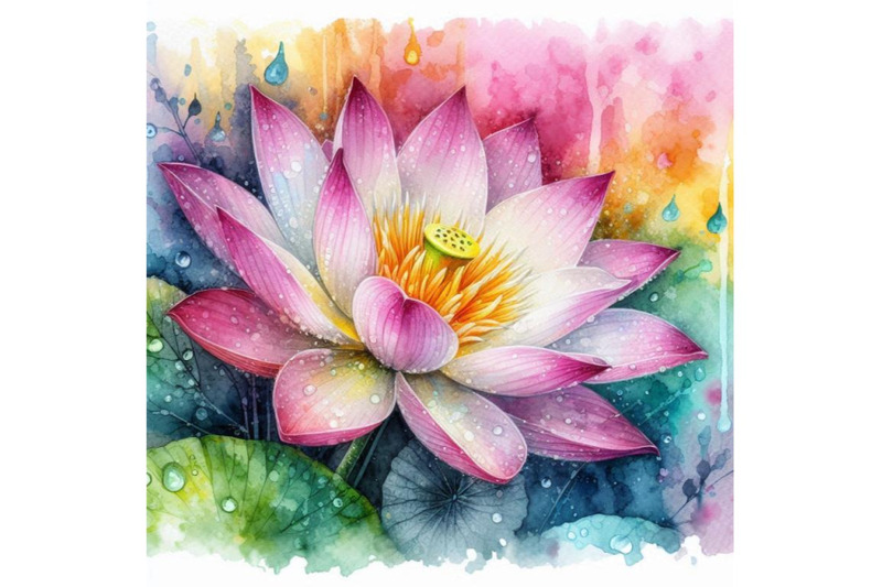 4-igital-art-of-a-beautiful-lotus-flower-with-waterdropscolorful-backg