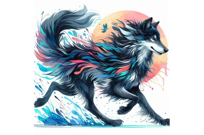 4-llusations-of-black-and-blue-running-wolf-colorful-background