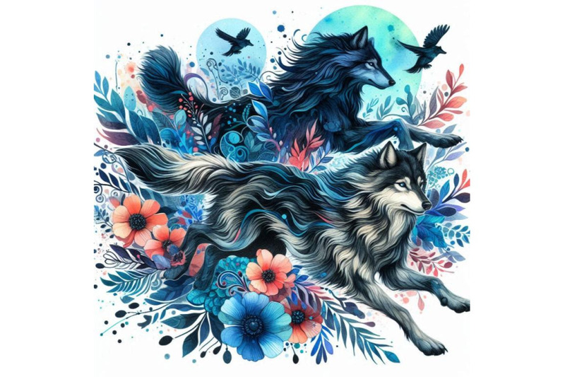 4-llusations-of-black-and-blue-running-wolf-colorful-background