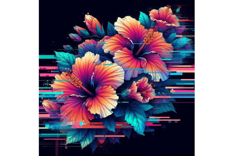 4-llustration-hibiscus-in-glitch-art-style-on-dark-backgroundcolorful