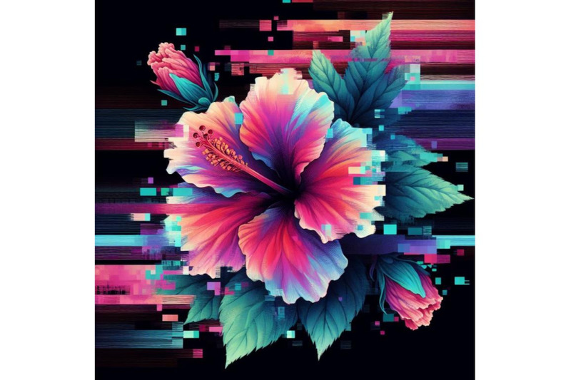 4-llustration-hibiscus-in-glitch-art-style-on-dark-backgroundcolorful