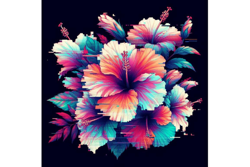 4-llustration-hibiscus-in-glitch-art-style-on-dark-backgroundcolorful