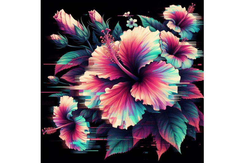 4-llustration-hibiscus-in-glitch-art-style-on-dark-backgroundcolorful