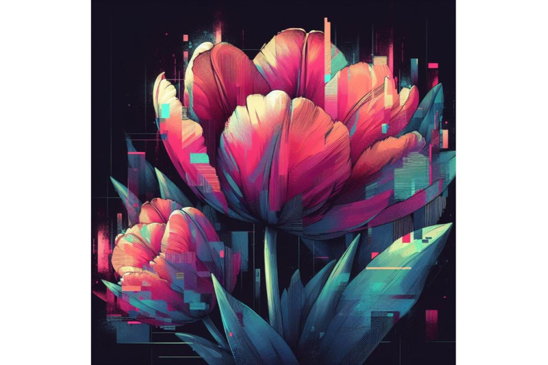 4-llustration-tulip-in-glitch-art-style-on-dark-backgroundcolorful-bac