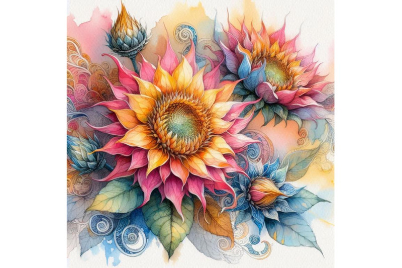 4-oriental-thai-sunflower-hand-drawn-in-abstract-stylecolorful-backgro