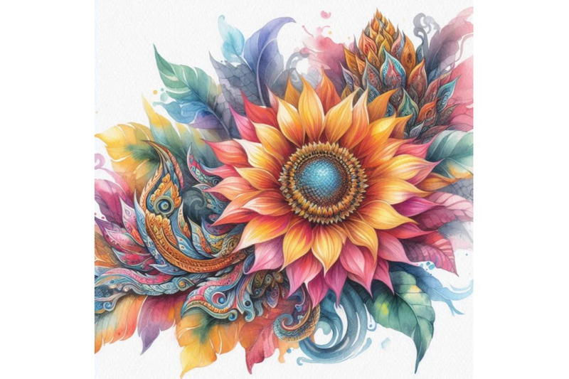 4-oriental-thai-sunflower-hand-drawn-in-abstract-stylecolorful-backgro
