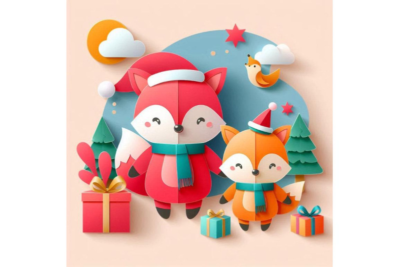 4-vector-cute-christmas-paper-cut-3d-fox-with-shadow-colorful-backgrou