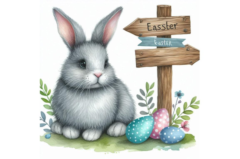 4-watercolor-easter-bunny-with-signpost-in-gray-and-blue-color-isolate
