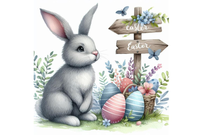 4-watercolor-easter-bunny-with-signpost-in-gray-and-blue-color-isolate