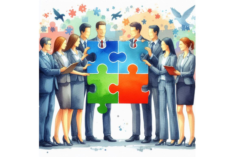 4-watercolor-business-people-holding-the-big-jigsaw-puzzle-piece-color