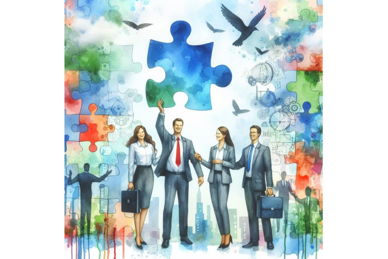 4-watercolor-business-people-holding-the-big-jigsaw-puzzle-piece-color