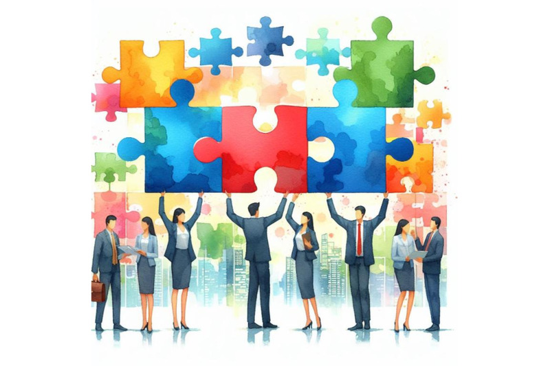 4-watercolor-business-people-holding-the-big-jigsaw-puzzle-piece-color
