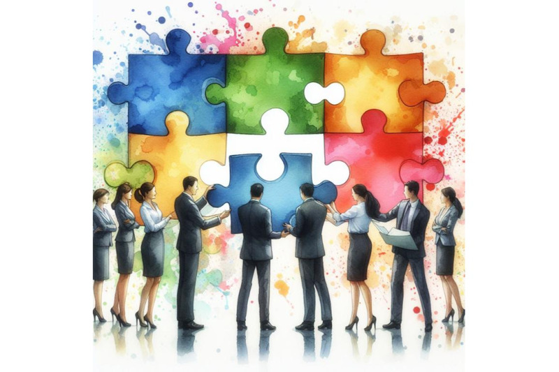 4-watercolor-business-people-holding-the-big-jigsaw-puzzle-piece-color