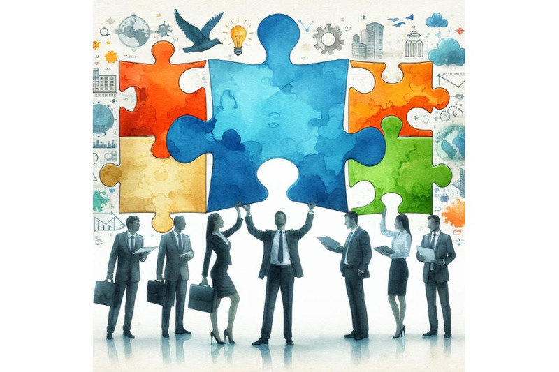 4-watercolor-business-people-holding-the-big-jigsaw-puzzle-piece-color