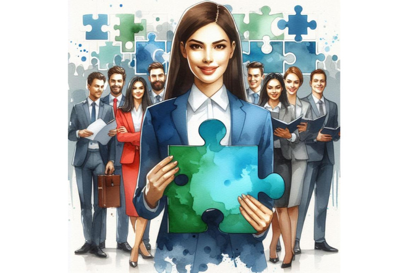 4-watercolor-business-people-holding-the-big-jigsaw-puzzle-piece-color