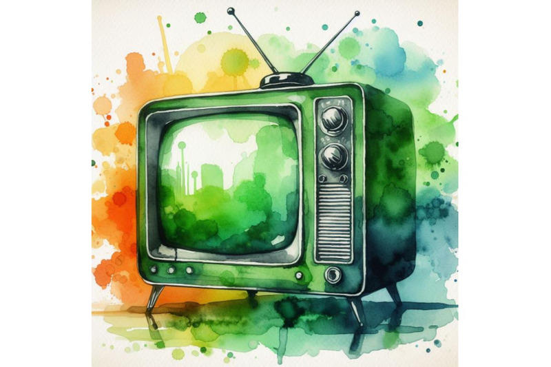 4-watercolor-green-sihouette-of-retro-tv-on-white-colorful-background