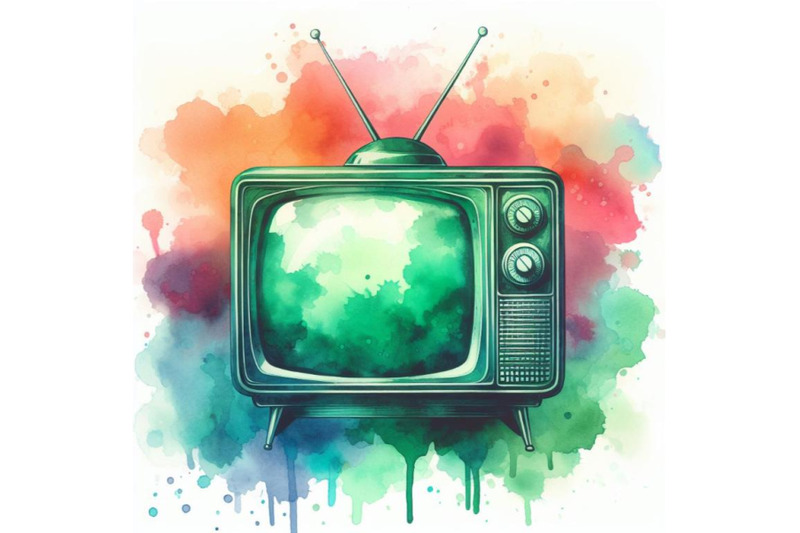 4-watercolor-green-sihouette-of-retro-tv-on-white-colorful-background