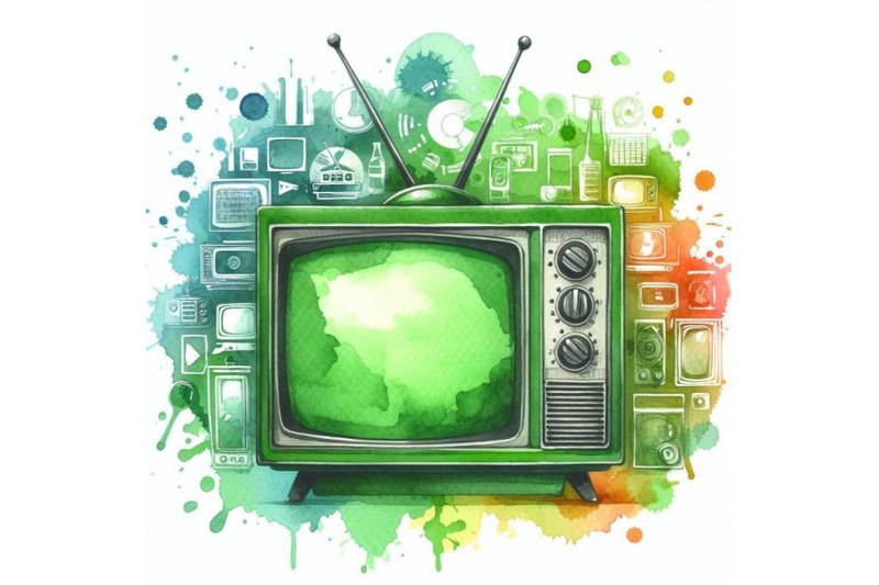 4-watercolor-green-sihouette-of-retro-tv-on-white-colorful-background