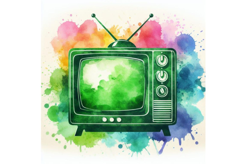 4-watercolor-green-sihouette-of-retro-tv-on-white-colorful-background