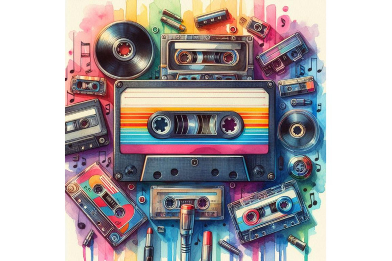 4-watercolor-vintage-music-cassettes-retro-dj-sound-tape-1980s-rave