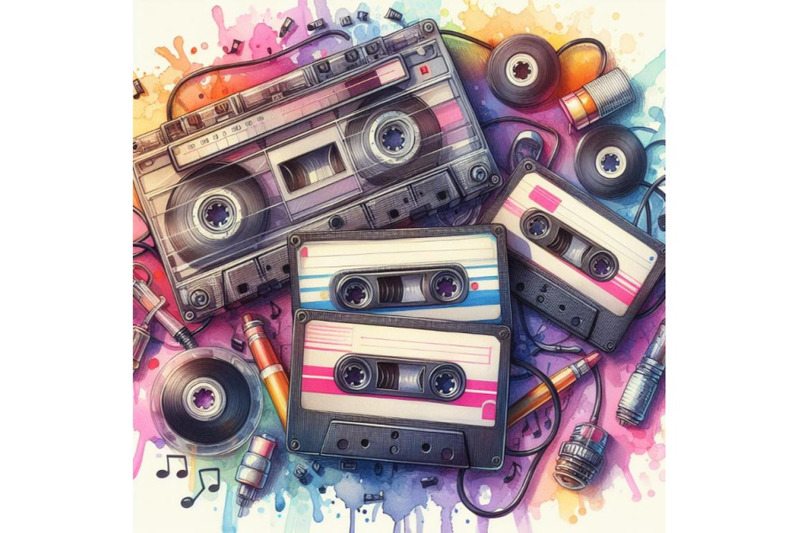 4-watercolor-vintage-music-cassettes-retro-dj-sound-tape-1980s-rave
