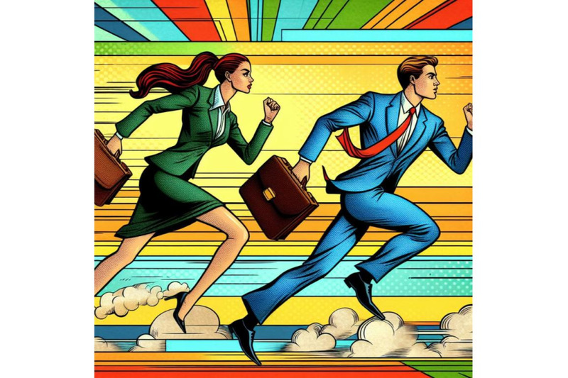 4-watercolor-business-competition-woman-and-man-running-pop-art-retro