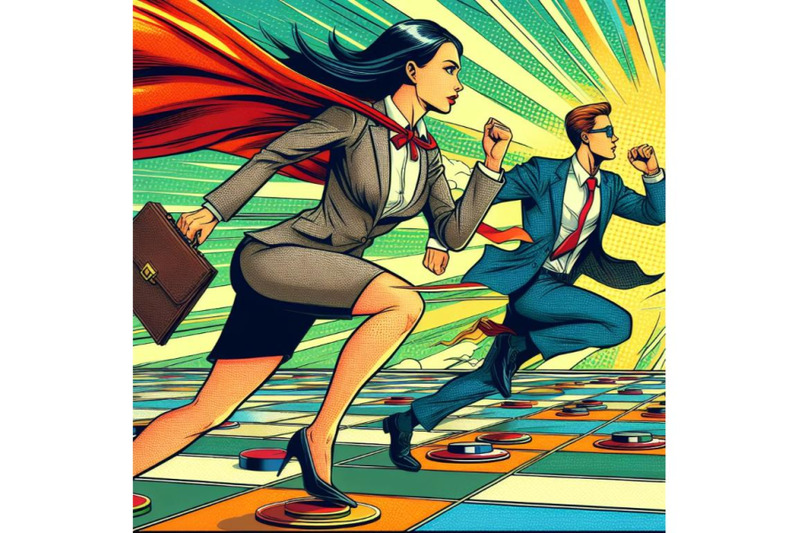 4-watercolor-business-competition-woman-and-man-running-pop-art-retro
