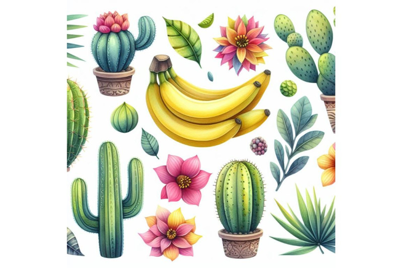 4-watercolor-cute-tropcal-set-with-bananas-cacti-and-leaves-isolated