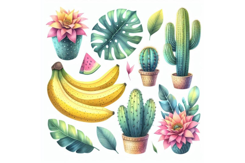 4-watercolor-cute-tropcal-set-with-bananas-cacti-and-leaves-isolated