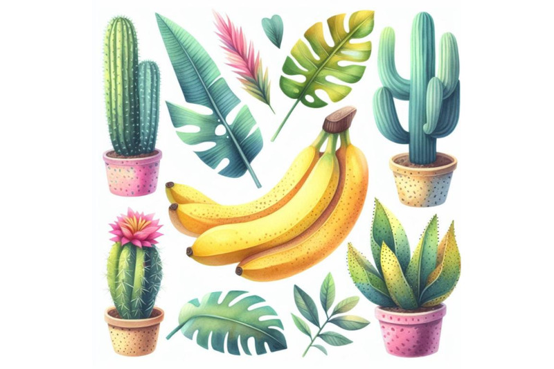 4-watercolor-cute-tropcal-set-with-bananas-cacti-and-leaves-isolated