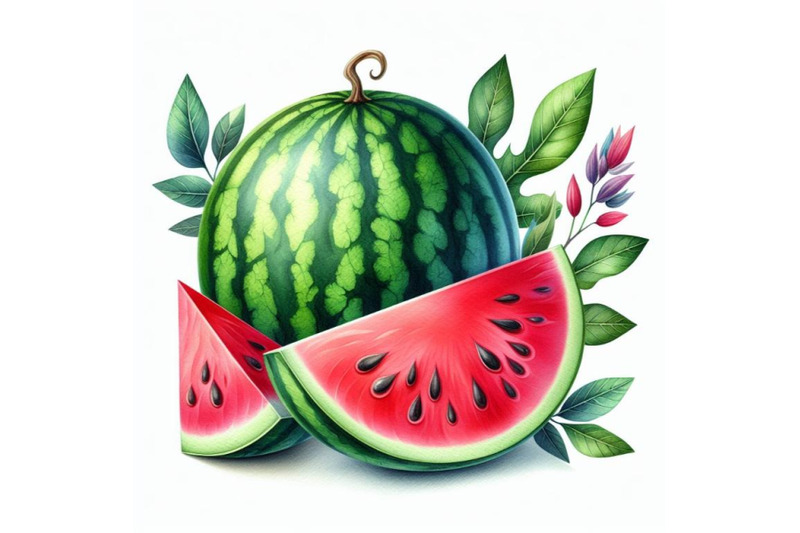 4-watercolor-whole-watermelon-with-slice-and-leaves-isolated-on-white