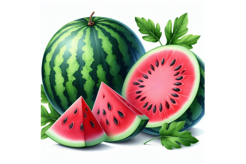 4-watercolor-whole-watermelon-with-slice-and-leaves-isolated-on-white