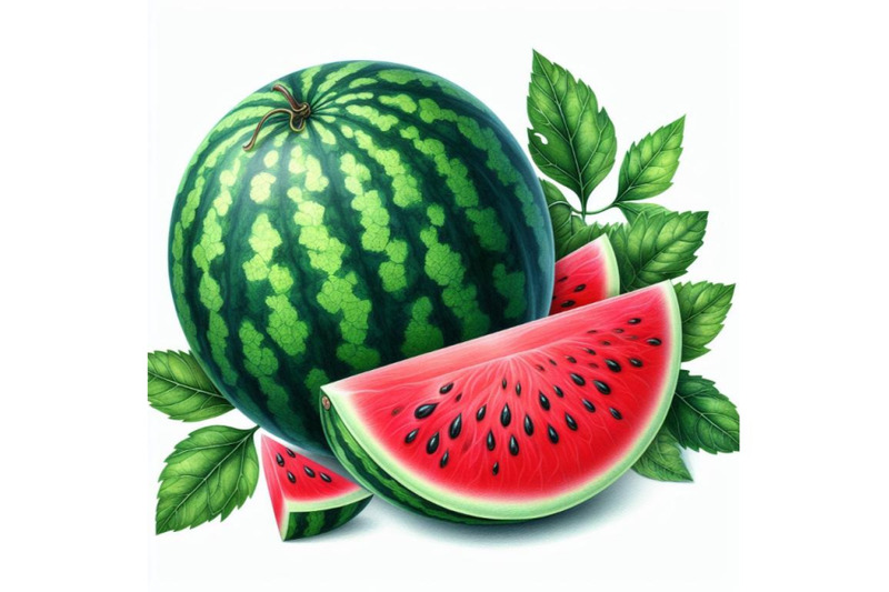 4-watercolor-whole-watermelon-with-slice-and-leaves-isolated-on-white